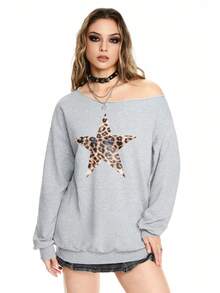 ROMWE Grunge Punk Oblique Shoulder Leopard Print & Star Graphic Loose Fit Cotton Blend Sweatshirt For Women - Grey - View 1