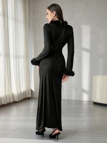 Modelyn Women Long Sleeve Elegant Mandarin Collar Mermaid Dress' Maxi Women Outfit Long Evening Dresses Fall Cloth For Women - Black - View 2