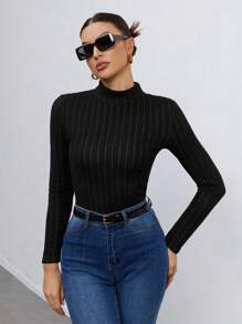 SHEIN Tall Women's Small High Collar, Wide Ribbeds And Thick Velvet Long-Sleeved T-Shirt Is Warm And Suitable For Autumn And Winter