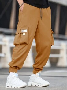 Manfinity Hypemode Loose Fit Men Plus Size Letter Patched Flap Pocket Side Drawstring Waist Cargo Pants, Fall - Khaki - View 4