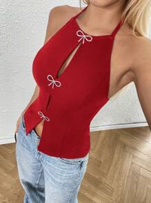 SHEIN EZwear 女士休闲纯色常规版型无袖露背针织背心 - 玫瑰紅 - 查看 6
