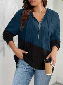 INAWLY Plus Size Color Block Drawstring Sweatshirt, Casual For Autumn Graduation, Teachers For Women, Back To School Pullover Fall Winter - Dusty Blue - View 4