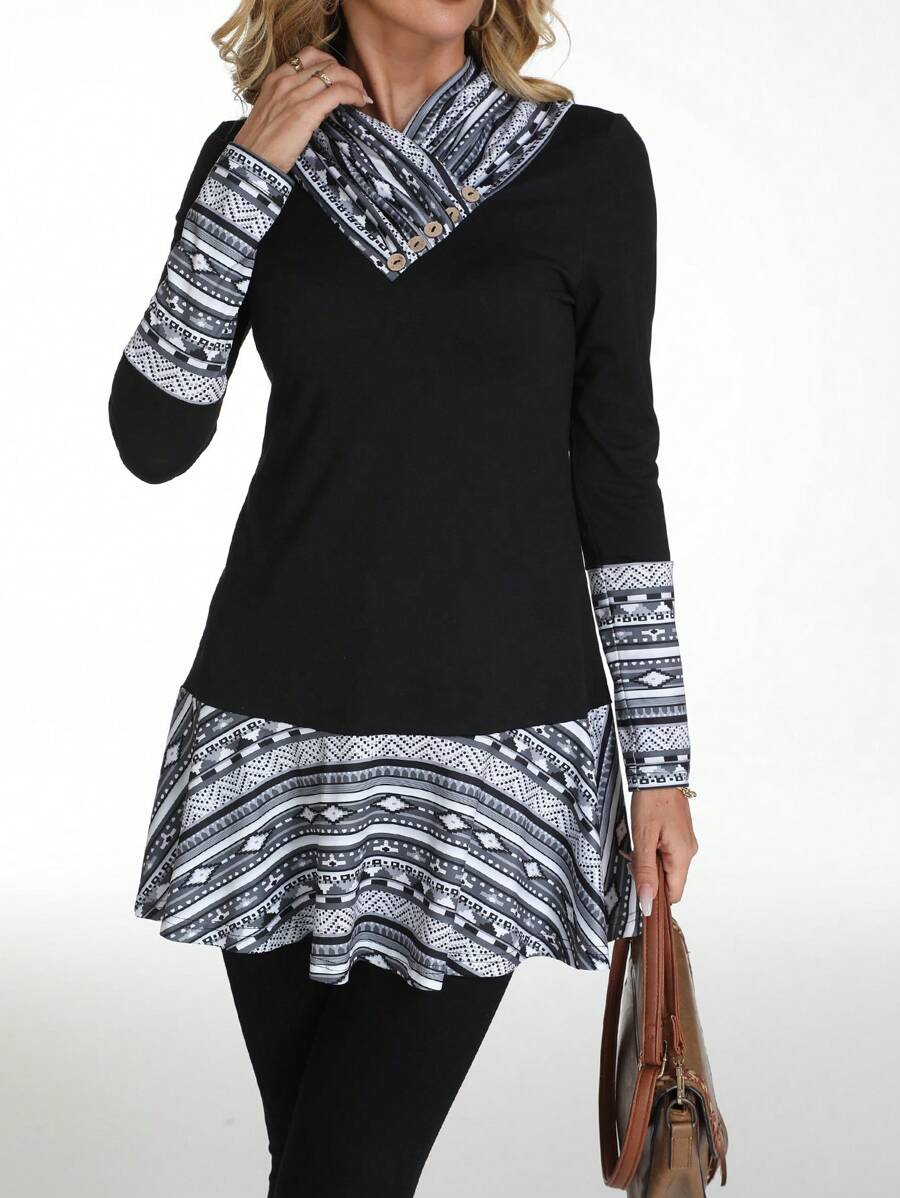 EMERY ROSE T-shirt femme à imprimé graphique patchwork, hauts graphiques minimalistes et décontractés pour tous les jours - Noir - Voir 1