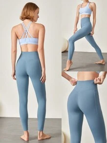 GLOWMODE 26'' FeatherFit™ Fleece Warm Tummy Control High-Rise Waist Leggings Low Impact Yoga Pilates Daily Warm Winter - Dusty Blue - View 8