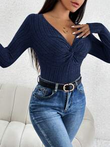 SHEIN PETITE Ribbed Knit Twist Front Spring Women Bodysuit