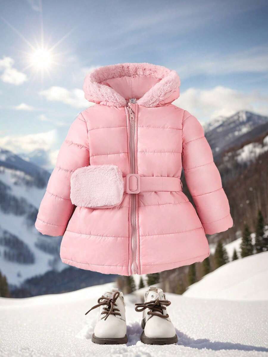 Áo khoác có mũ trùm đầu cổ lông mềm mại cho bé gái kèm túi đeo hông 2 chiếc/bộ, quần áo mùa đông - Hồng - Xem 1