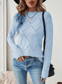 EMERY ROSE Women Solid Color Stand Collar Long Sleeve Fitted Pullover Sweater, Autumn & Winter Knit Pullover Fall - Baby Blue - View 8
