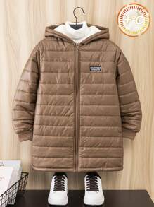 SHEIN Leap Crew Tween Boy Casual Composite Thermal Lined Thick & Super Warm Hooded Cardigan Parka Coat, Suitable For School, Garden, Beach, Birthday, Spring, Summer, Autumn, Winter - Brown - View 4