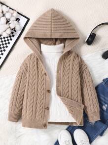 1 pezzo Cardigan con cappuccio rilassato, da ragazzi, in maglia a coste, tinta unita color cachi, adatto per viaggi, scuola, uso quotidiano, stagione autunno/inverno