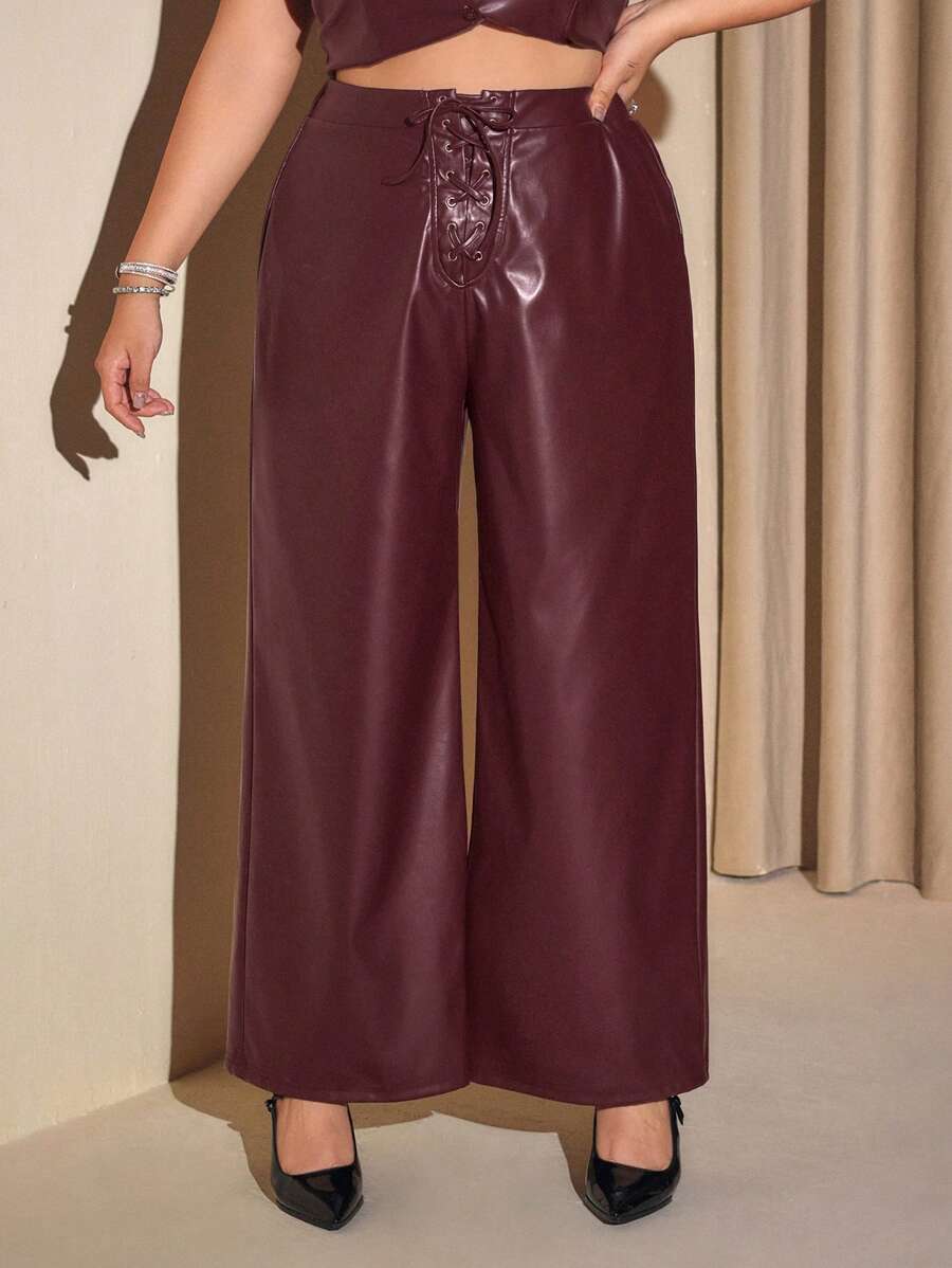 SHEIN ICON Pantaloni diritti in poliuretano da donna con laccetti frontali, colore rosso vino, per l'inverno, taglie comode - Bordò - Visualizzare 1