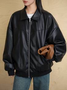 Dazy-Less Áo khoác PU rộng rãi cho nữ, Áo gió dài tay thường ngày cho mùa thu - màu đen - Xem 15