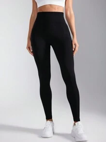 Easithlete Quần legging liền mạch đơn giản cạp cao màu trơn cho nữ - màu đen - Xem 2