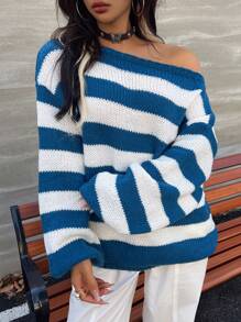 INAWLY Striped Loose Breathable Pullover Sweater Tops For Women - Blue and White - View 4