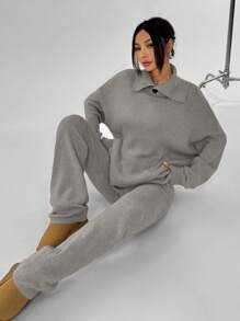 SHEIN Unity 2 件套女士休闲纯色蝙蝠袖毛衣和长裤套装，适合秋冬季 - 灰色 - 查看 5