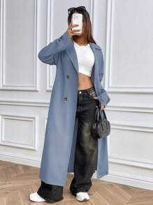 SHEIN Unity Áo khoác dài thường ngày cổ bẻ hai hàng khuy màu trơn cho nữ, mùa thu - Màu xanh bụi bặm - Xem 1