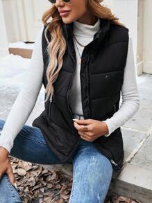 EMERY ROSE Chaleco acolchado con cremallera frontal sin mangas de unicolor casual para mujer, uso versátil para todos los días, ropa de otoño/invierno - Negro - Ver 6