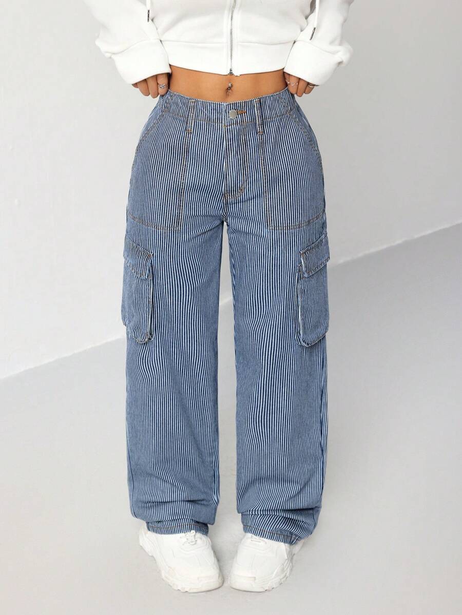 SHEIN EZwear Quần Jeans Cargo Ống Thẳng Ôm Lưng Thấp Cho Nữ, Màu Xanh - Màu xanh lam - Xem 1