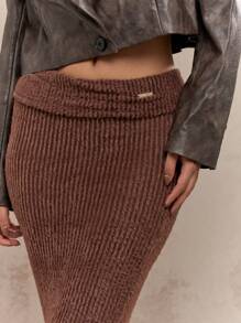 MISSGUIDED Toweling Ribbed Textured Flap Waistband Bodycon Maxi Skirt Winter Wear - Brown - View 3