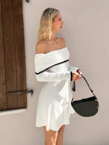 SHEIN EZwear Váy len ren viền tương phản hở vai gấp gọn thanh lịch cho nữ - trắng - Xem 5