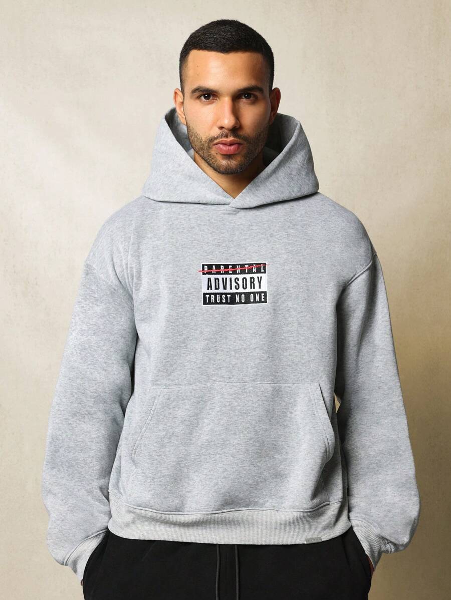 SUMWON Parental Advisory Trust No One Pullover Hoodie Streetwear Urban Style Casual Comfort Fall Winter Loungewear Graphic Sweatshirt Music Culture Statement - Grey - View 1