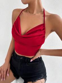 Chiquease Top halter sin espalda con cuello drapeado de unicolor y sexy para ropa de Año Nuevo - Rojo - Ver 6