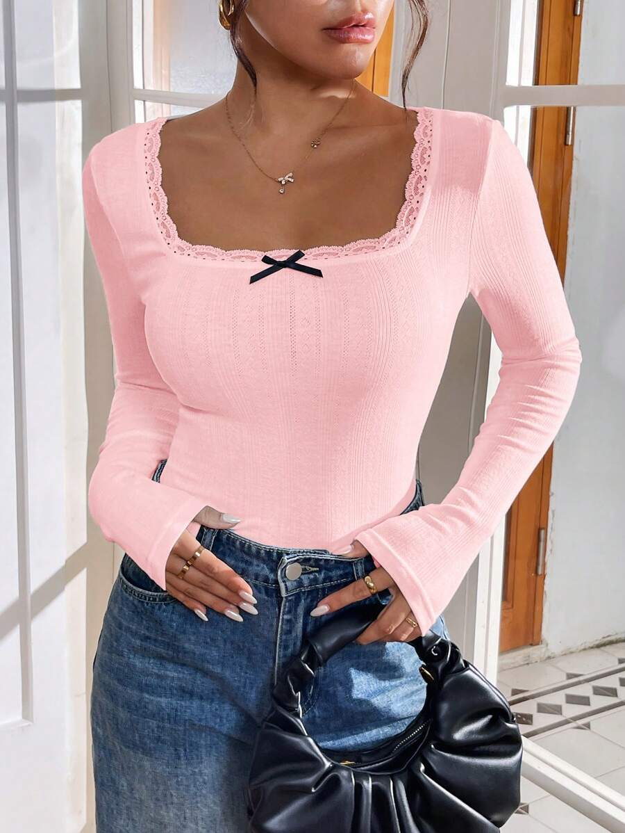 SHEIN Essnce Áo thun dài tay thanh lịch, màu trơn, có nơ trang trí ren thời trang xuân/hè cho nữ, áo thun dài tay, áo, ren, áo có tay - Hồng - Xem 1