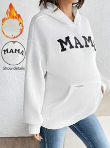 SHEIN Maternity Casual Letter Print Pocket Hoodie Sweatshirt, For Winter