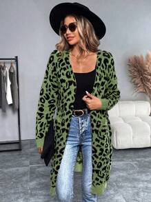 SHEIN LUNE Autumn/Winter Casual Leopard Jacquard Medium-Long Cardigan