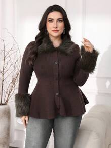 Mulvari Plus Size Casual Fuzzy Patchwork Tie-Front Cardigan, Autumn/Winter - Rust Brown - View 4
