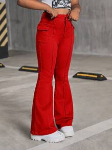 SHEIN SLAYR KIDS Tween Girls Y2K Fashion Retro Style Grey Flap Detail Seam Detail Denim Flare Leg Jeans Pants, Girls Fall Clothes Back To School Outfits