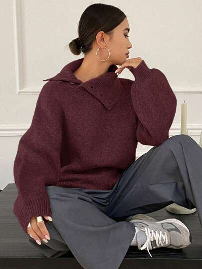 DAZY كنزة صوفية كاجوال فضفاضة بلون أحادي للسيدات، ثلاث أرباع الأكمام، موديل خريفي رمضان