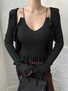 DAZY Conjunto de top de camisola de punto con volantes y cárdigan casual de otoño para mujer