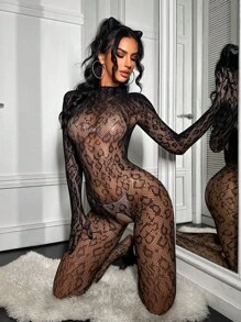 Women's Lingerie Costume - Sexy Charm, Wild Cat Net Mesh Leopard Print - Black - View 4