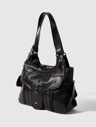 Goth Fashion Unique Strap PU Leather Large Capacity Women Shoulder Bag, Casual Daily Use Storage Bag, Street & Japanese Bag For Women, New Arrival Tote Bags For Woman