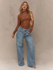 MISSGUIDED Y2K Futuristic Sheer Mesh Polo Neck Long Sleeve Bodysuit - Brown - View 4