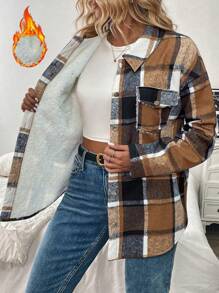SHEIN LUNE Plus Size Women Plaid Fleece Regular Fit Casual Winter Jacket With Pockets - Multicolor - View 1