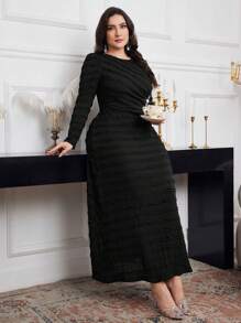 Modelyn Plus Size Women Solid Color Round Neck Puff Sleeve Ruffle Hem Elegant Dress For Autumn Long Evening Dresses - Black - View 5
