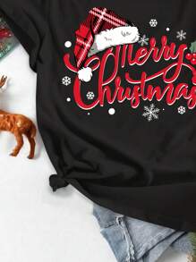 SHEIN EZwear Áo thun tay ngắn cổ tròn in chữ hình ông già Noel thoải mái, rộng rãi cho nữ, thích hợp cho mùa hè - màu đen - Xem 3