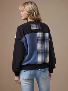 WESTFADE Mixed Media Western Patchwork Crewneck Long Sleeve Sweatshirt