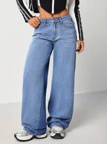 SHEIN EZwear Women's Low Waist Skinny Fit Straight Leg Blue Jeans