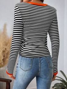 SHEIN LUNE Camiseta de manga larga con cuello redondo, estilo casual a rayas y color contrastante, atuendo básico de otoño/invierno para mujer