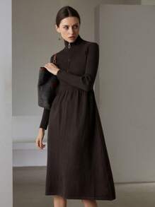 SHEIN Privé 法式百搭简约拉链高领收腰修身长袖女式长款毛衣连衣裙，适合冬季 - 深灰色 - 查看 4