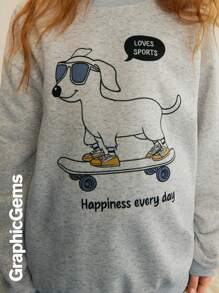 Tween Girls Casual Dog Letter Print Round Neck Drop Shoulder Long Sleeve Sweatshirt, Autumn/Winter - Grey - View 7