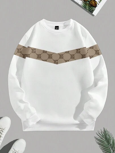 Chillumni V 形拼色印花男士休闲白色套头衫圆领长袖拼色运动衫，适合朋友、丈夫、男朋友的礼物，适合秋季