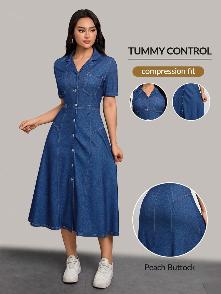 Women Button Front Casual Versatile Denim Dress - Medium Wash - View 1