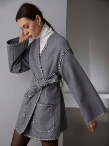SHEIN Privé Vintage Coin Design V-Neck Pocket Belt Waistband Loose Regular Fit Women Coat, Elegant Style  Fall Cloth For Women - Grey - View 4