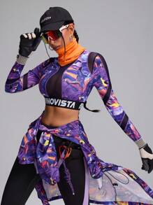 Innovista Women's Marble Print Letter Ribbon Cropped Casual Fitness Sports Sweatshirt