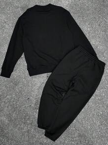 Manfinity LEGND 2 件套男士加大码秋季字母印花圆领长袖运动衫和运动裤，休闲 - 黑色 - 查看 2