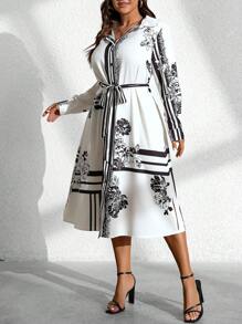 SHEIN Clasi Botas casuales impresas tejidas para mujeres de talla grande, vestido maxi de manga larga con lazo para otoño/invierno para mujeres de talla regular - Multicolor - Ver 1
