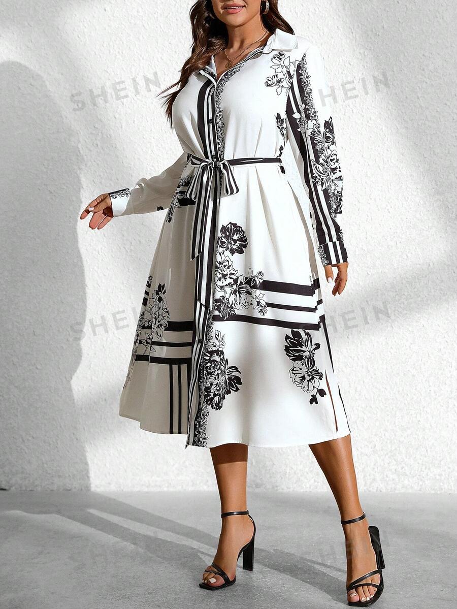 SHEIN Clasi Botas casuales impresas tejidas para mujeres de talla grande, vestido maxi de manga larga con lazo para otoño/invierno para mujeres de talla regular - Multicolor - Ver 1